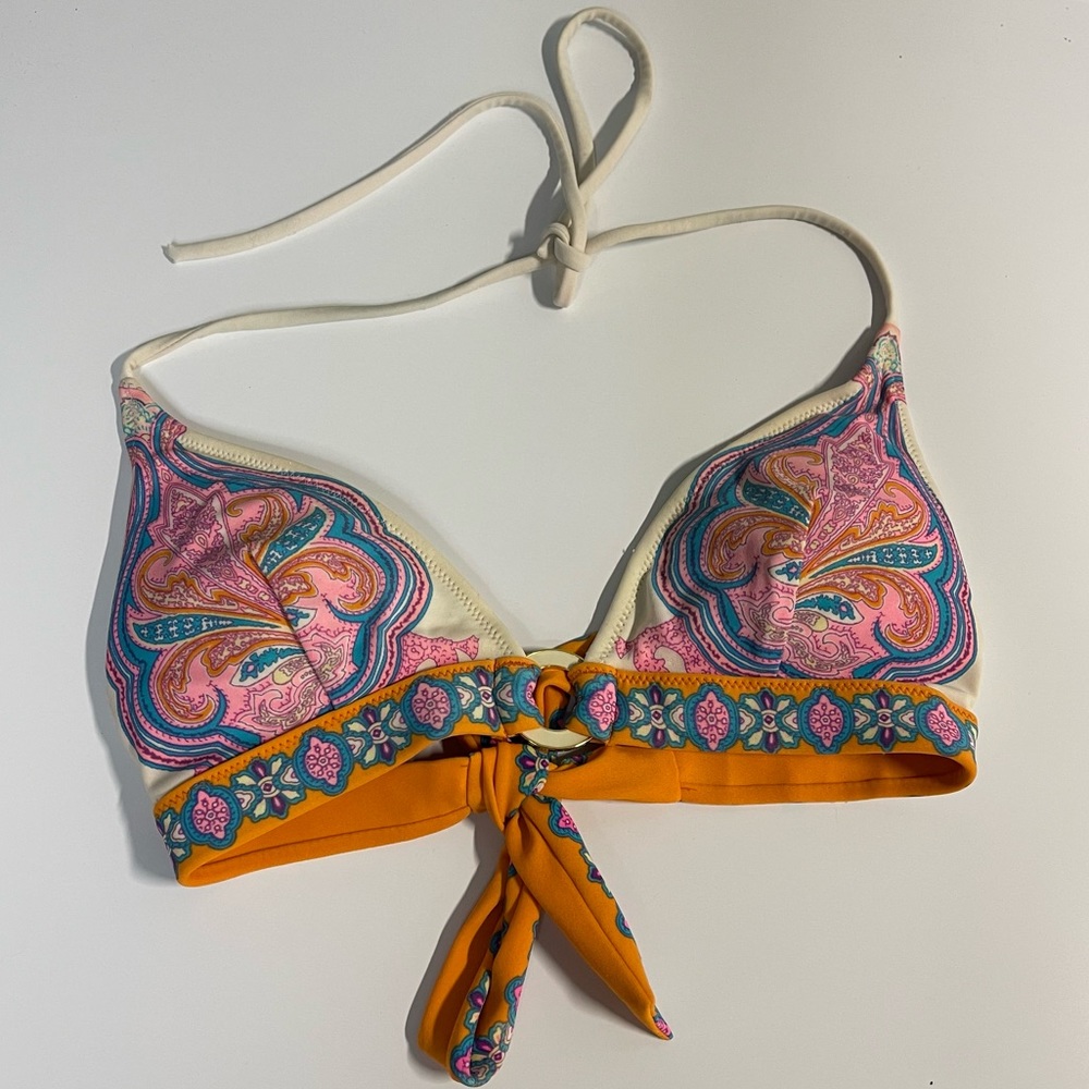 Paisley pink halter adjustable Bikini Top with white Pearl hoop. Removable pads
